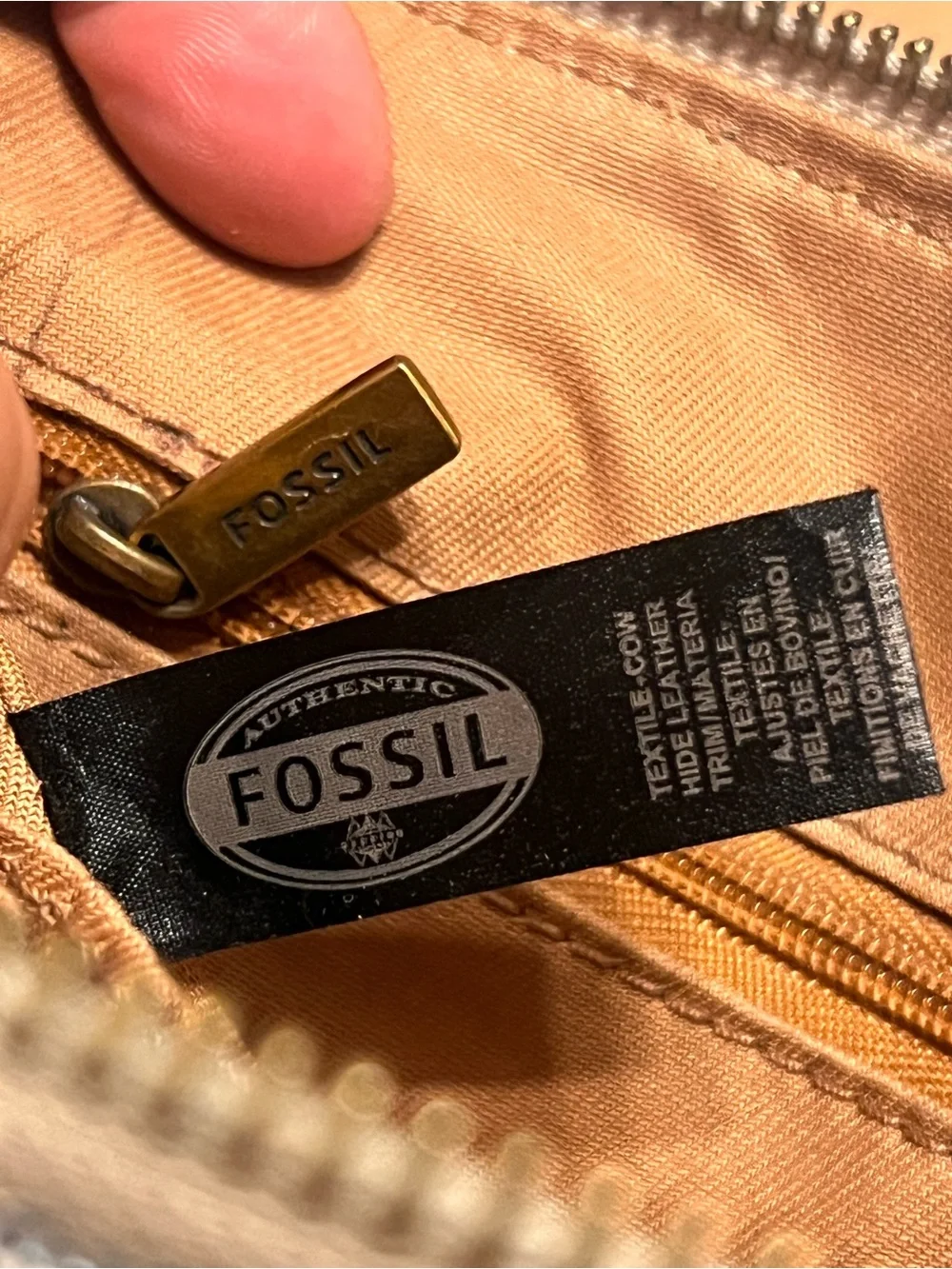 Fossil Tan & Cream Leather  with Striped Canvas Pocket crossbody bag